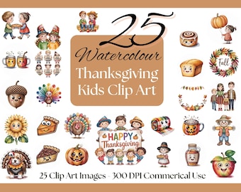 Thanksgiving Kids Clipart | Watercolor Turkey, Pumpkin PNG (Digital Download)