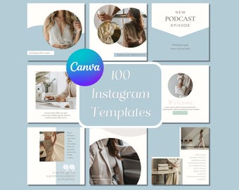 Puede incluir: Un conjunto de 100 plantillas de Instagram para marketing en redes sociales. Las plantillas presentan un fondo azul claro con texto e imágenes blancas. El texto incluye "100 plantillas de Instagram" y "Canva".
