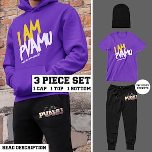 I Am PVAMU (3 Piece Set Purple - 1 Cap, 1 Top, 1 Bottom) -Prairie View Univ Panthers, PVAMU Homecoming Tee, PVAMU Alumni Apparel, PVAMu
