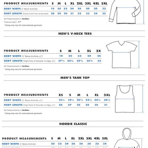 May include: Detailed size charts for men's classic tees, long sleeve tees, V-neck tees, tank tops, hoodies, and crewnecks. Measurements are in inches for body width and body length, with sizes ranging from XS to 5XL.