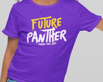 May include: Purple t-shirt with the text "FUTURE PANTHER" in yellow and white lettering. The text "PRAIRIE VIEW A&M" is written in white below the main text.