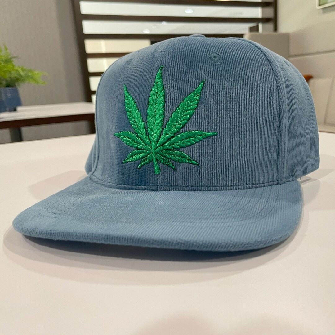 Weed 420 corduroy Powder Blue W/ Green Leaf Embroidered Cap Weed Caps