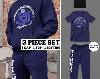 Jackson Tigers Classic (3 Piece Navy Set - 1 Cap, 1 Top, 1 Bottom) -Jackson State Tigers College Apparel, Retro JS U HBCU, Jackson Tiger Tee