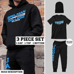 Spelman Flag (3 Piece Set Black - 1 Cap, 1 Top, 1 Bottom) - Spelman Jaguars HBCU, Spelman Women&#39;s Alumna Apparel, Spelman Homecoming