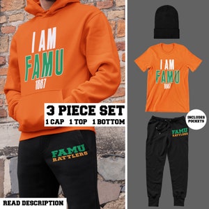 I AM FAMU (3 Piece Set - 1 Cap, 1 Top, 1 Bottom) - Rattler Alumni Apparel, Retro FAM Univ Homecoming, Vintage FAm Univ Shirt