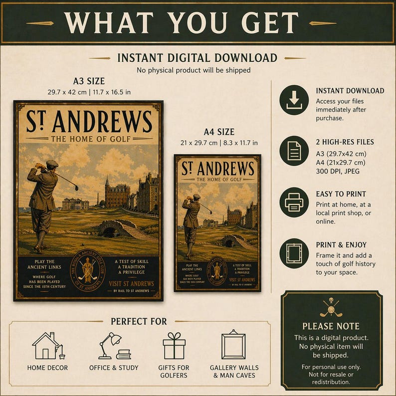 Vintage St Andrews Golf Poster | 1920s Style Scotland Wall Art (digital ...
