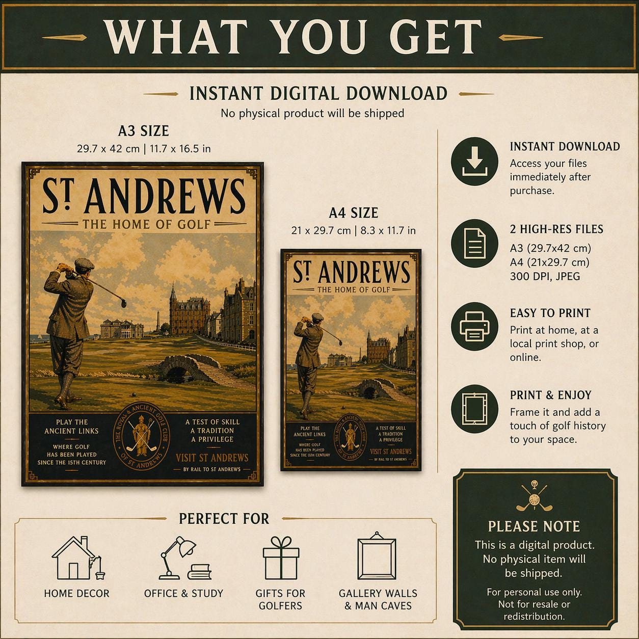 Vintage St Andrews Golf Poster | 1920s Style Scotland Wall Art (digital ...
