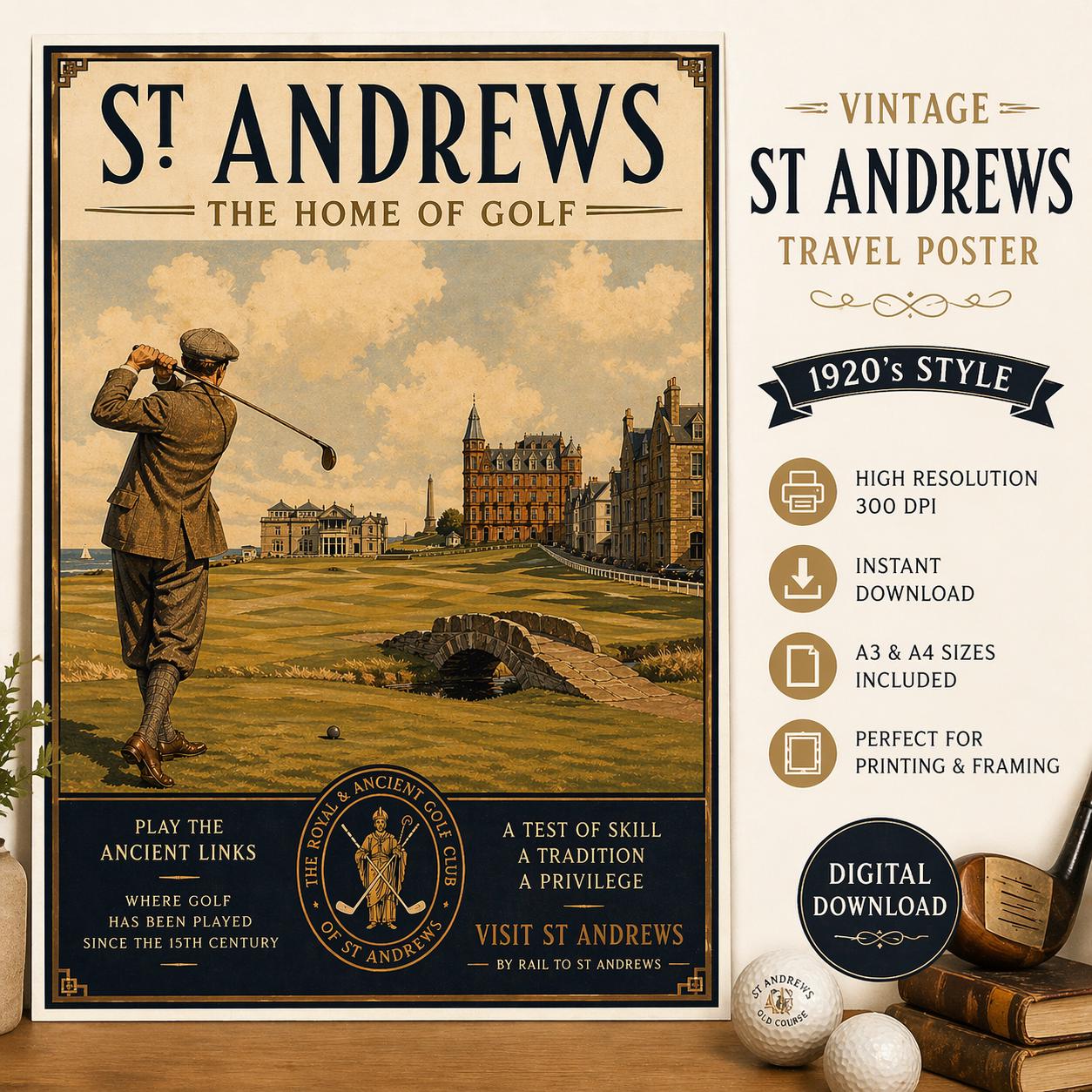 Vintage St Andrews Golf Poster | 1920s Style Scotland Wall Art (digital ...