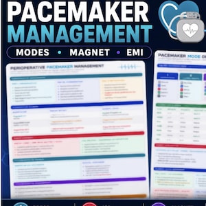 Peut inclure: Un guide de référence médicale intitulé PACEMAKER MANAGEMENT avec les sous-titres MODES, MAGNET et EMI. Le document présente un tableau détaillé pour la gestion périopératoire des stimulateurs cardiaques, incluant des évaluations et réglages.