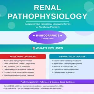 May include: Infographic titled "RENAL PATHOPHYSIOLOGY" with a teal and blue gradient background. It details acute renal conditions and chronic electrolytes, with bullet points. The text also mentions 15 infographics.