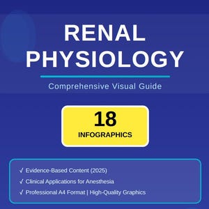 May include: A blue graphic with the title "RENAL PHYSIOLOGY" in white letters. Below the title is "Comprehensive Visual Guide". A yellow rectangle displays "18 INFOGRAPHICS". The graphic also lists "Evidence-Based Content (2025)", "Clinical Applications for Anesthesia", and "Professional A4 Format | High-Quality Graphics".