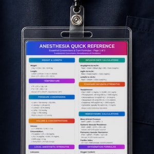 May include: Anesthesia Quick Reference badge reel with a clear plastic holder. The badge reel has a black retractable reel with a medical symbol. The reference card includes formulas and conversions for weight, temperature, and infusion rates.