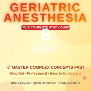 May include: A book cover with the title "GERIATRIC ANESTHESIA" in large orange letters. Below, it reads "YOUR COMPLETE STUDY GUIDE." The cover highlights "8 PREMIUM INFOGRAPHICS" and promises to "MASTER COMPLEX CONCEPTS FAST."