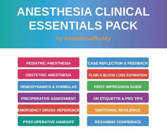 May include: A graphic with the text "ANESTHESIA CLINICAL ESSENTIALS PACK" and the name "AnesthesiaBuddy." Below are colorful rectangular buttons with titles such as "Pediatric Anesthesia," "Case Reflection & Feedback," and "Emotional Resilience."