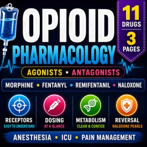 Puede incluir: Una infografía educativa titulada Opioid Pharmacology que presenta un icono de bolsa de suero, texto que enumera 11 medicamentos en 3 páginas y secciones para agonistas, antagonistas, receptores, dosificación, metabolismo y reversión.
