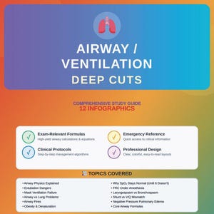 May include: A medical study guide titled "AIRWAY / VENTILATION DEEP CUTS" with a red and white lung graphic. The guide includes 12 infographics and covers topics like airway physics, extubation dangers, and emergency reference information.