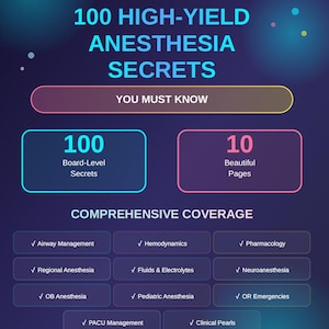 Könnte beinhalten: Eine Grafik mit dem Titel "100 HIGH-YIELD ANESTHESIA SECRETS" und dem Untertitel "YOU MUST KNOW". Sie enthält Abschnitte über Geheimnisse auf Board-Ebene, schöne Seiten und eine umfassende Abdeckung von Anästhesiethemen.