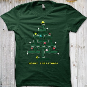 PACMAN Christmas Tree Merry Christmas Xmass  funny high quality cotton T-shirt