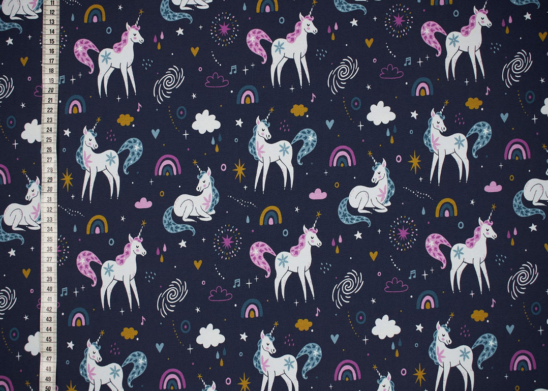 Jersey Stoff Einhorn Regenbogen Jersey Einhorn Blau