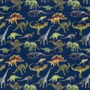 May include: A blue fabric with a repeating pattern of colorful dinosaurs. The dinosaurs are in various poses and include a stegosaurus, triceratops, brachiosaurus, and others.