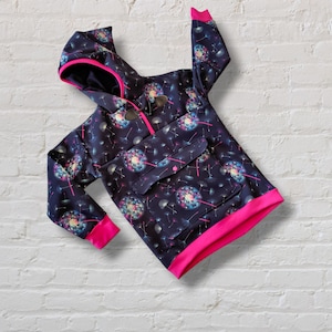 May include: A black hooded sweatshirt with a pink trim and a dandelion print. The sweatshirt has a kangaroo pocket and a zipper closure.