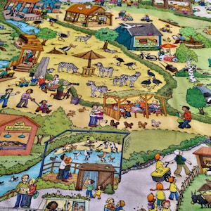 Könnte beinhalten: Eine bunte Illustration eines Zoos mit verschiedenen Tieren, darunter Zebras, Vögel und ein Affe. Menschen gehen im Zoo herum, einige schauen sich die Tiere an, andere unterhalten sich. Der Text "Tierpark Nordhorn Aufgangstation" ist im Bild zu sehen.