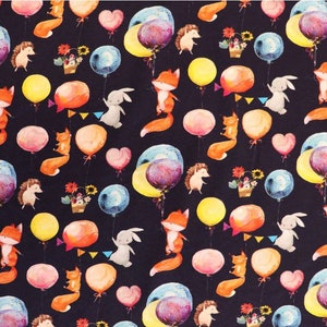 Cotton jersey, fox, rabbit, hedgehog, balloons, forest animals navy, girl