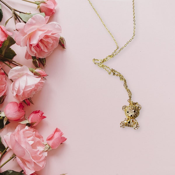 Cute Bear Necklace, 18K Gold Plated Bear Pendant