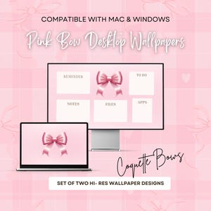 Coquette Pink Bow Desktop Wallpaper Set for Mac and Windows, Desktop Planner, Office Decor