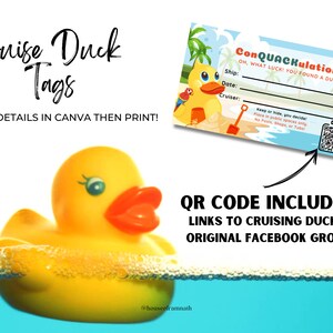 May include: A printable tag with a yellow rubber duck on a beach with palm trees. The tag says "ConQUACKulations! Oh, what luck! You found a duck!" and has spaces to fill in the ship, date, and cruiser. A QR code is included on the tag.