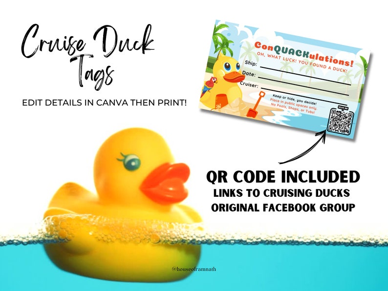 May include: A printable tag with a yellow rubber duck on a beach with palm trees. The tag says "ConQUACKulations! Oh, what luck! You found a duck!" and has spaces to fill in the ship, date, and cruiser. A QR code is included on the tag.