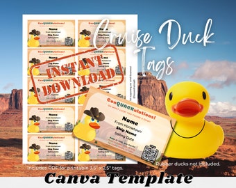 Tags cruise-eend, bewerkbare canvassjabloon, opvullen en afdrukken, western rodeo-thema