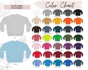 Puede incluir: Carta de colores que muestra 24 colores diferentes de sudaderas Gildan 18000. Los colores incluyen blanco, gris deportivo, jaspeado grafito, carbón, negro, arena, oro viejo, oro, naranja de seguridad, naranja, chocolate oscuro, azul marino deportivo jaspeado, azul legión, jaspeado oscuro, azul marino, rojo escarlata deportivo jaspeado, verde de seguridad, verde irlandés, verde militar, verde bosque, rosa claro, heliconia, marrón deportivo jaspeado oscuro, ciruela, morado, rojo, rojo cereza, rojo cereza antiguo, granate, marrón, azul carolina, zafiro, zafiro antiguo, azul real e índigo.