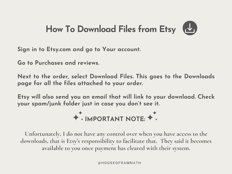 May include: A text-based graphic with instructions on how to download digital files from Etsy. The graphic includes a download icon and the text "How To Download Files from Etsy".