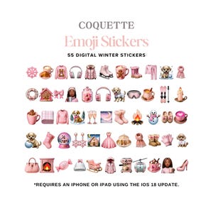 May include: A set of 55 digital winter-themed emoji stickers in pink and white. The stickers feature various winter-related icons, including a snowman, a gingerbread house, a cup of hot chocolate, a pair of mittens, and a snowflake.