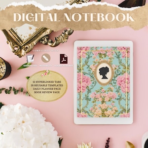 May include: A digital notebook with a floral design on the cover. The notebook is compatible with Goodnotes, Notability, and Adobe Acrobat. It includes 12 hyperlinked tabs, 28 reusable templates, a daily planner page, and a book review page.