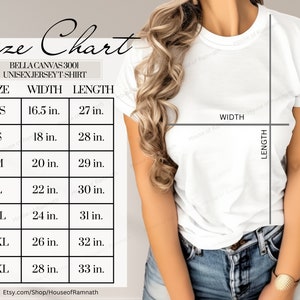 Bella Canvas 3001 Tabla de tallas, Minimalista, Maqueta de camiseta, Camisa de Jersey unisex, Suministros para pequeñas empresas, Maqueta de tienda, Impresión bajo demanda