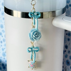 Fancy Blue Bow Floral Turtle Cup Charms With Straw Adaptor 30 oz, 40 oz Tumbler Accessories, 10mm Straw Charms, Straw Attachment, Coquette