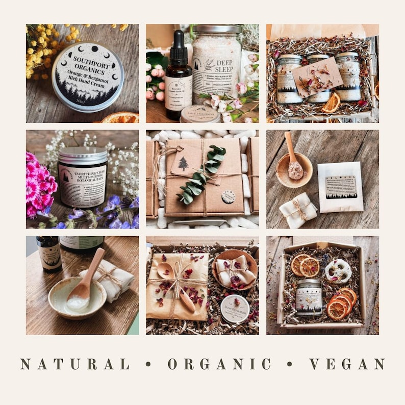 May include: A collection of natural and organic vegan products, including hand cream, bath salts, essential oils, and soaps. The products are packaged in jars, tins, and boxes, with dried flowers and herbs for decoration. The text on the products includes "SOUTHPORT ORGANICS" and "DEEP SLEEP".
