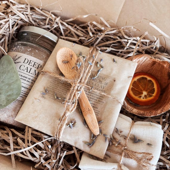 Organic Spa Gift Set with Zero Waste, Vegan, Natural Skincare, Bath & Body Products. Thoughtful Personalised Message, Gift Wrapped, For Her