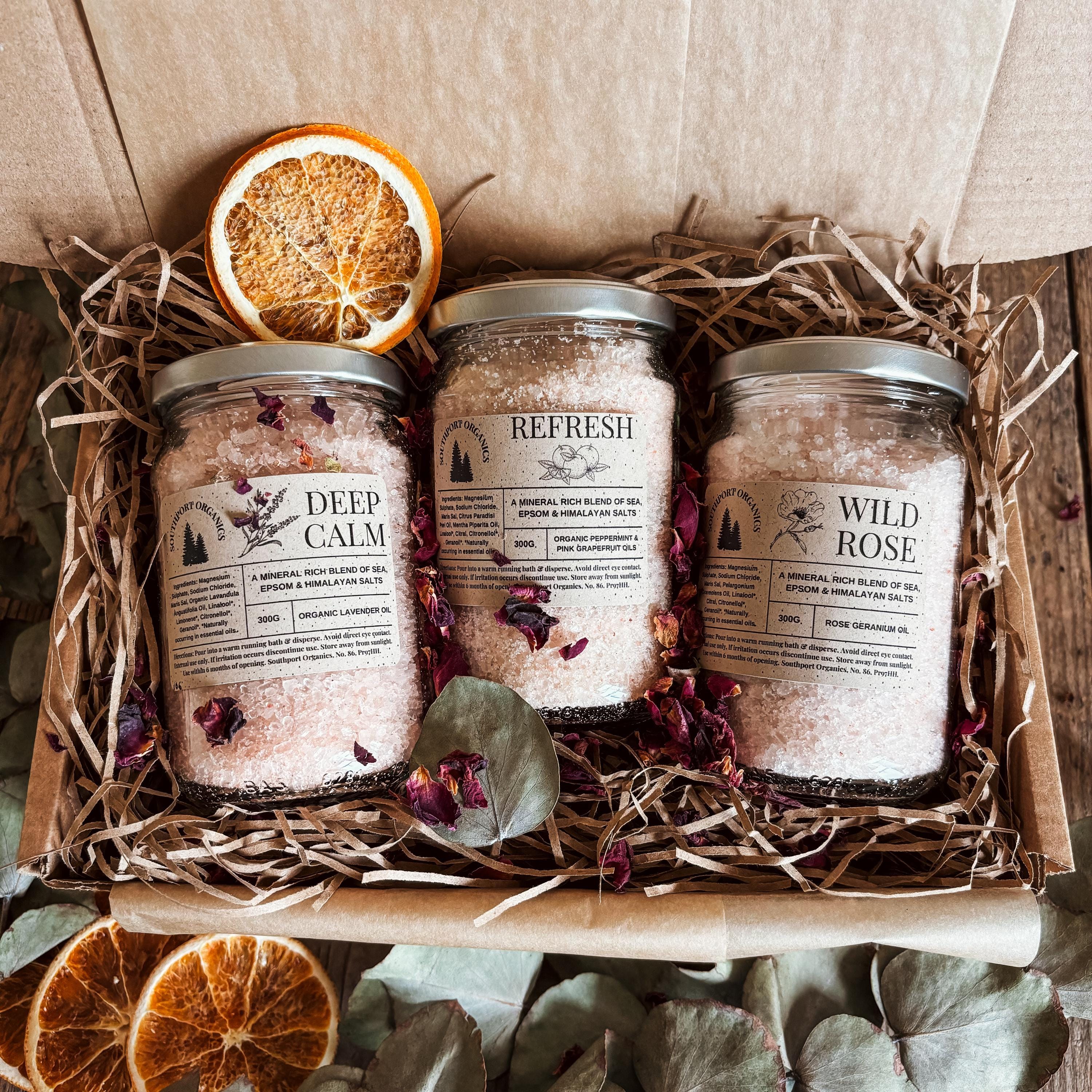 Bath Salts Gift Box With Trio of Handmade Bath Salts in Glass Jars. Organic  Essential Oils, Epsom, Sea \u0026 Himalayan Pink Salt. Soak and Relax - Etsy, image size:3000x3000