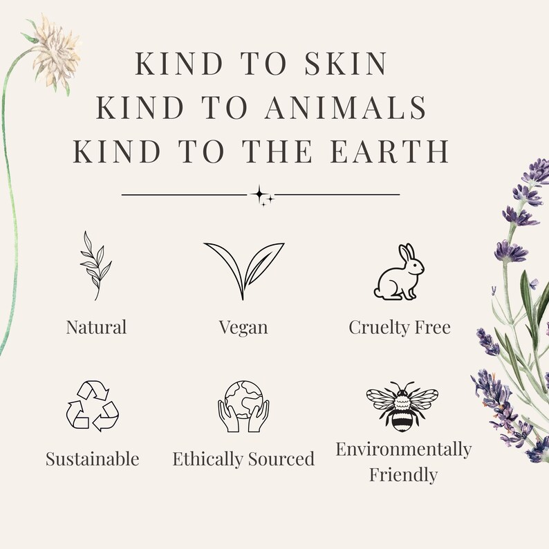 K&ouml;nnte beinhalten: Eine beige Infografik mit dem Text KIND TO SKIN, KIND TO ANIMALS, KIND TO THE EARTH. Sie enth&auml;lt sechs schwarze Strichzeichnungen, die Natural, Vegan, Cruelty Free, Sustainable, Ethically Sourced und Environmentally Friendly darstellen.