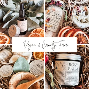 May include: A collage of natural skincare products, including a dropper bottle, lip balm, bath salts, and body balm. The products are arranged with dried orange slices and the text "Vegan & Cruelty Free".