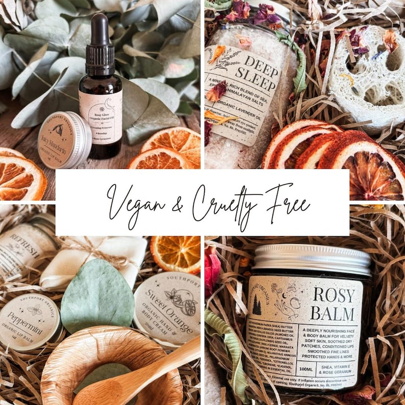 May include: A collage of natural skincare products, including a dropper bottle, lip balm, bath salts, and body balm. The products are arranged with dried orange slices and the text "Vegan & Cruelty Free".