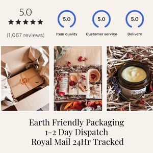 May include: An assortment of natural skincare products and gifts, including a jar of cream, packaged in a box with dried flowers and herbs. The image also shows customer reviews and the text "Earth Friendly Packaging".