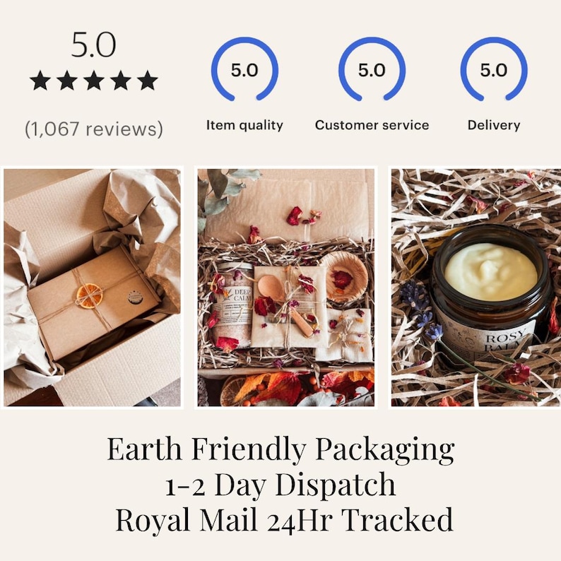 May include: An assortment of natural skincare products and gifts, including a jar of cream, packaged in a box with dried flowers and herbs. The image also shows customer reviews and the text "Earth Friendly Packaging".