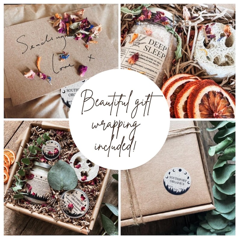 May include: A collection of gift boxes with the text "Beautiful gift wrapping included!". The boxes contain bath salts, candles, dried flowers, and a card that says "Sending Love +" with dried flower accents. The products are from Southport Organics.
