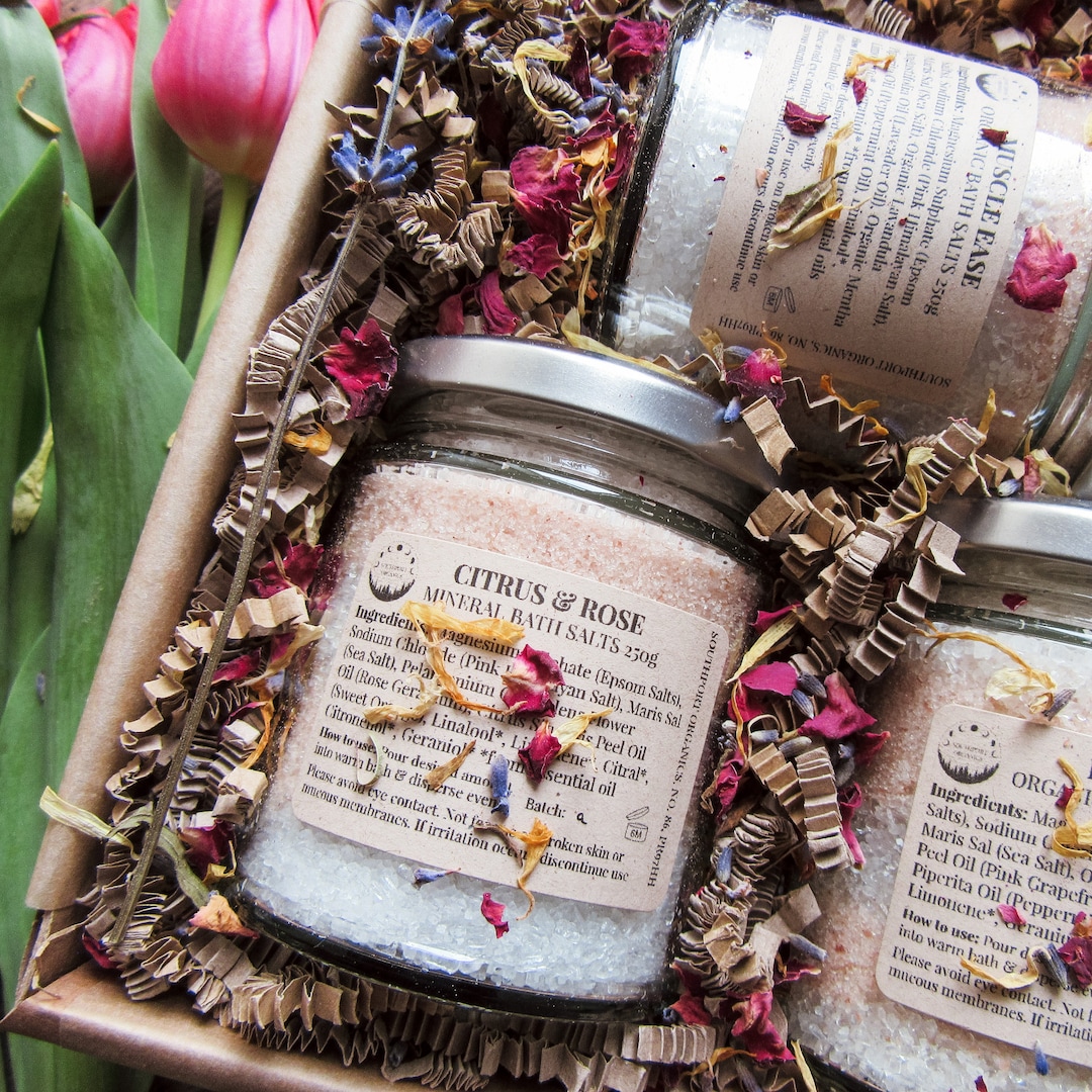 Organic Bath Salts Gift Set, Bath Soak Self Care Hamper, Zero Waste Vegan Gift, Relaxation