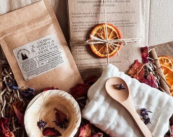 Self Care Journal & Facial Mask Kit including Mixing Bowl, Spoon and Cotton Muslin Cloth. Natural, Organic Clay Mask. Thinking of You Gift