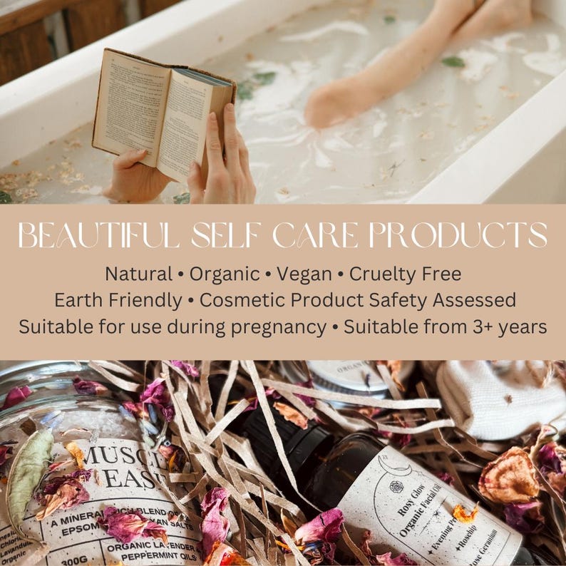 May include: A self-care product display featuring a person in a bathtub reading a book, with bath products and text that reads "BEAUTIFUL SELF CARE PRODUCTS". The products include bath salts, facial oil, and dried flowers.